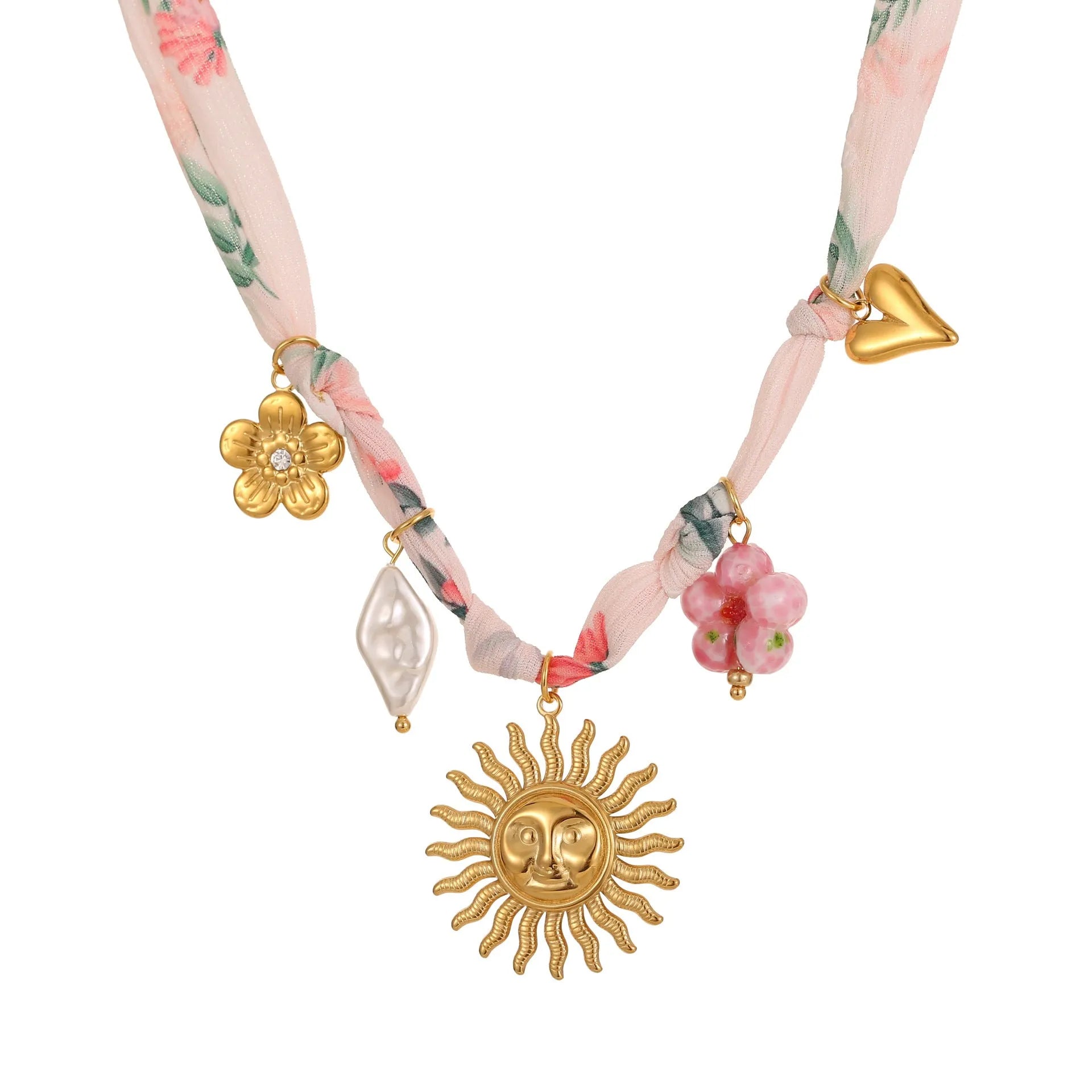 Gold plated stainless steel sun pendant necklace with geometric design on adjustable chain