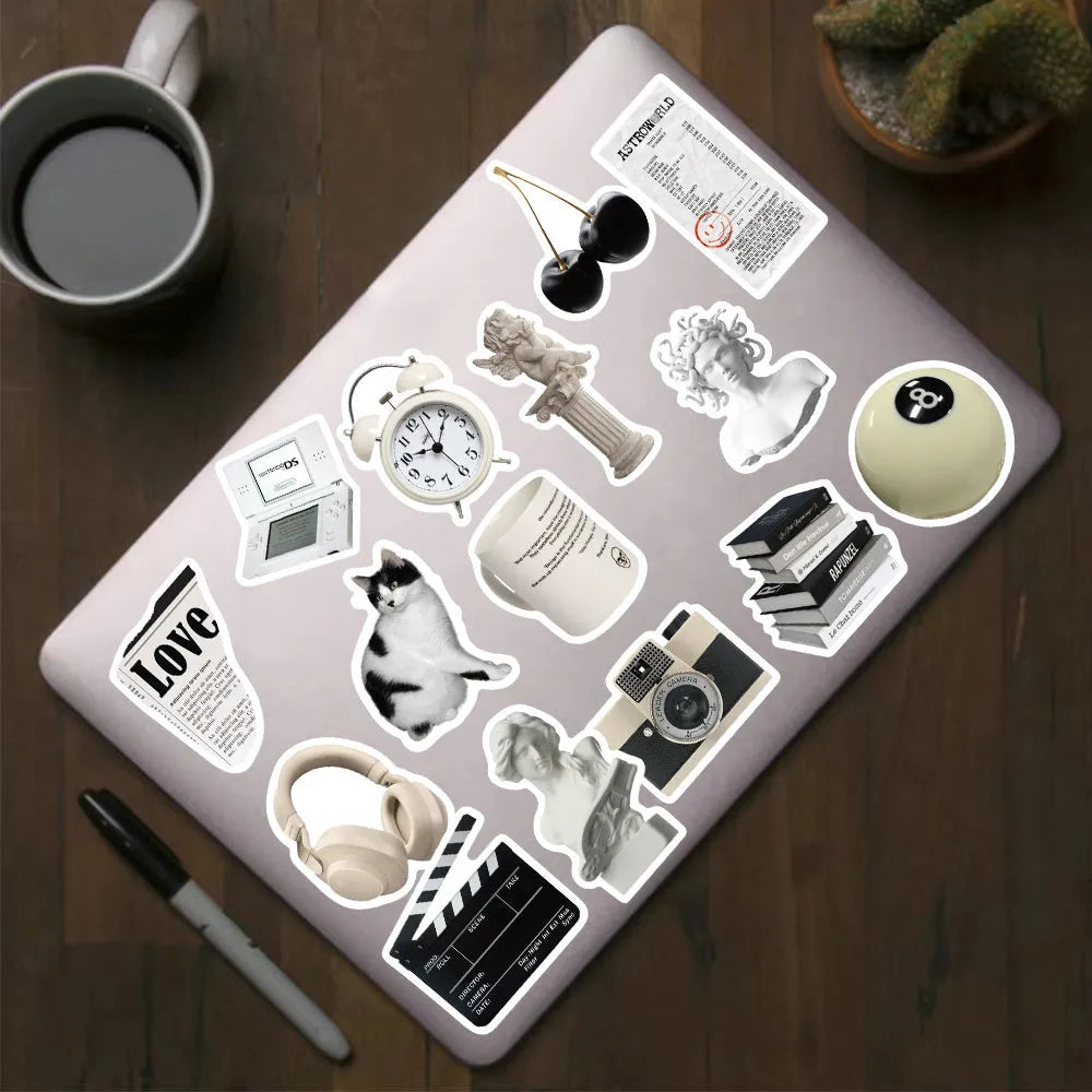 61 black and white waterproof vinyl stickers with coffee and tea cup designs for laptops and phones