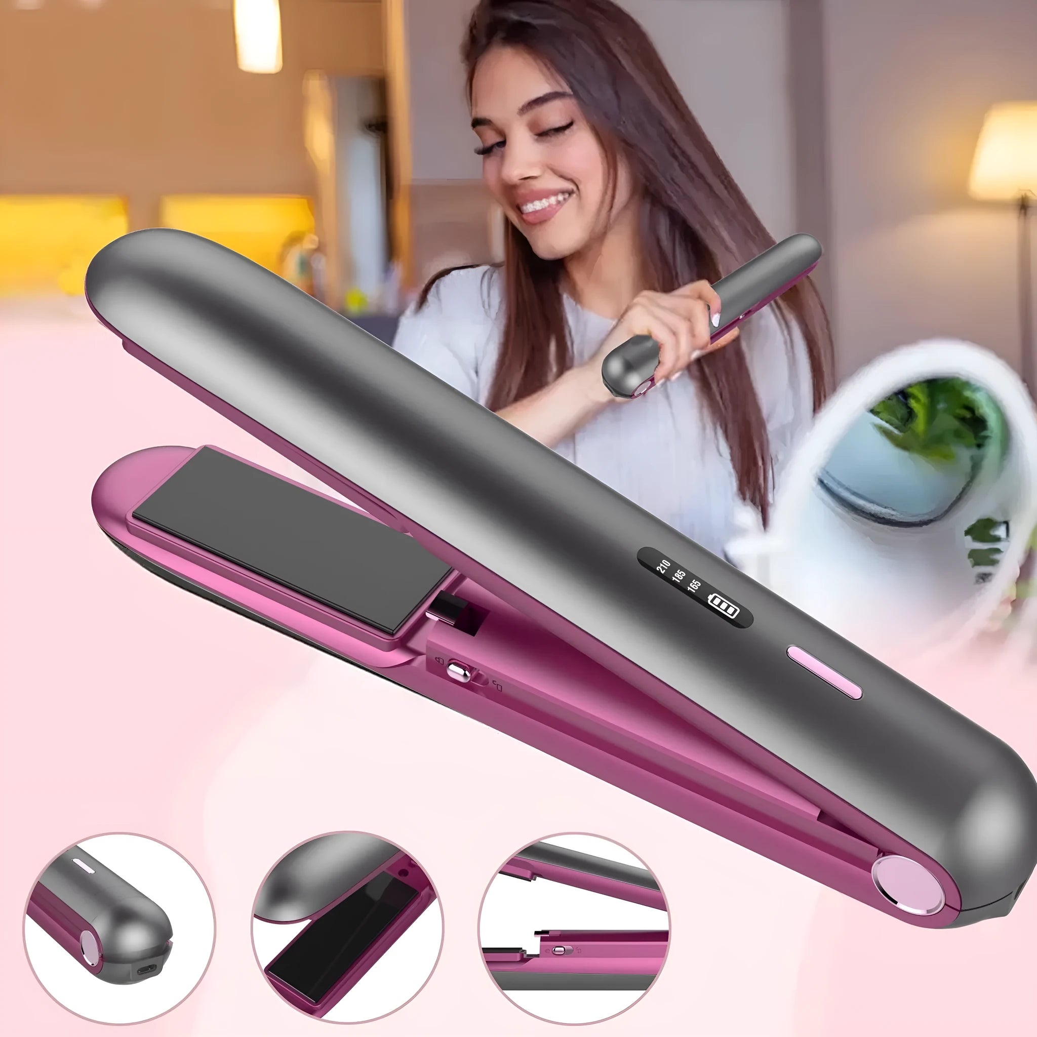 Moon shadow gray wireless hair straightener with tourmaline ceramic plates and temperature control dial