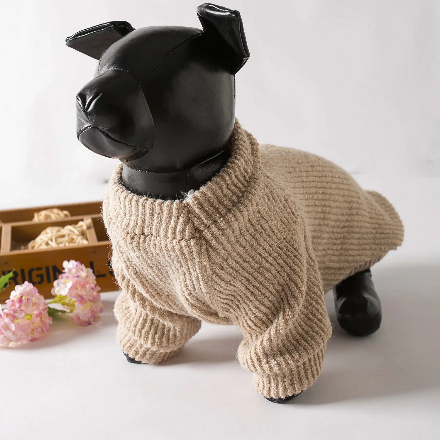Brown cloth pullover sweater for small breed dogs on mannequin showing casual style