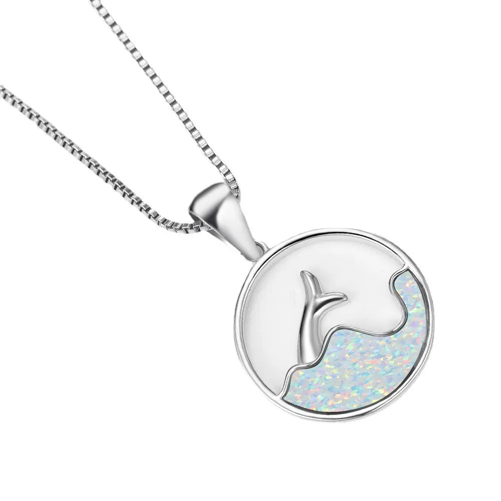 Geometric sea fishtail pendant necklace with round opal elements in electroplated white gold colour