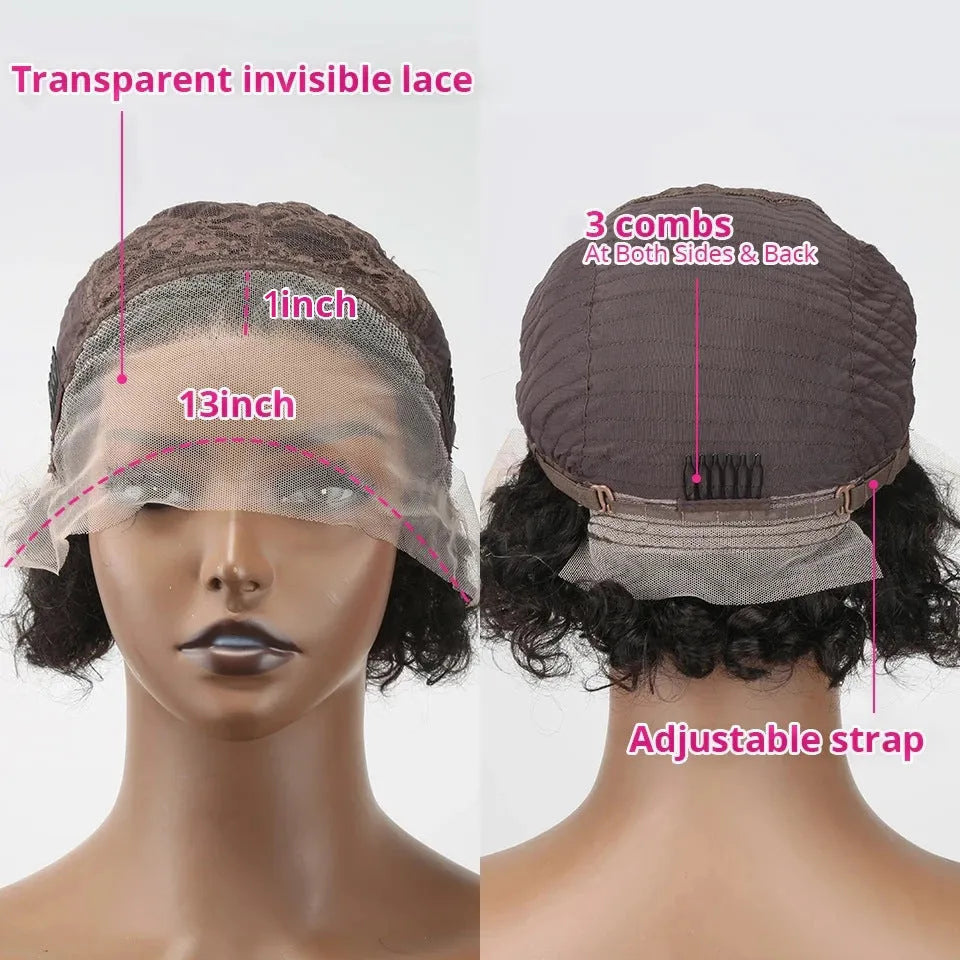 Black human hair pixie wig with lace front hair cover in 13x1 colour