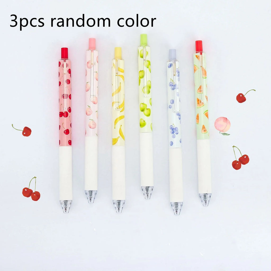 Three fruit-scented gel ink pens with 0.5mm black refills and press-action click mechanism