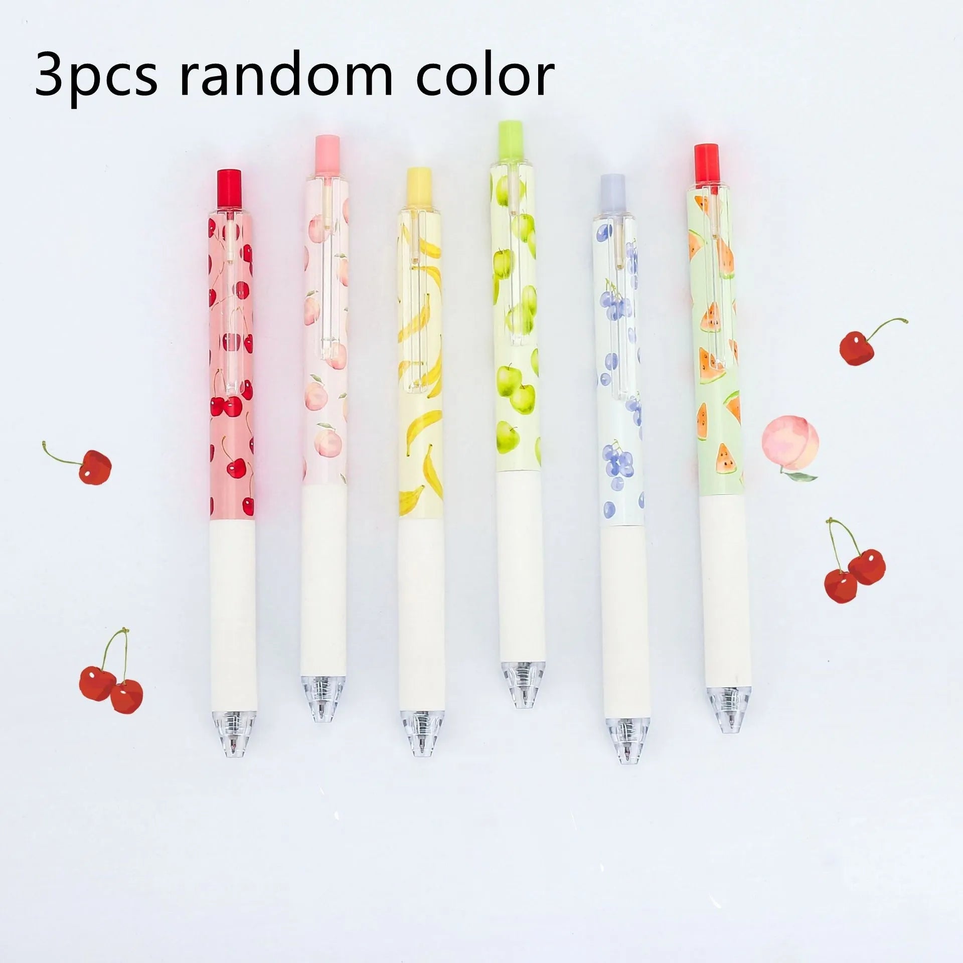 Three fruit-scented gel ink pens with 0.5mm black refills and press-action click mechanism