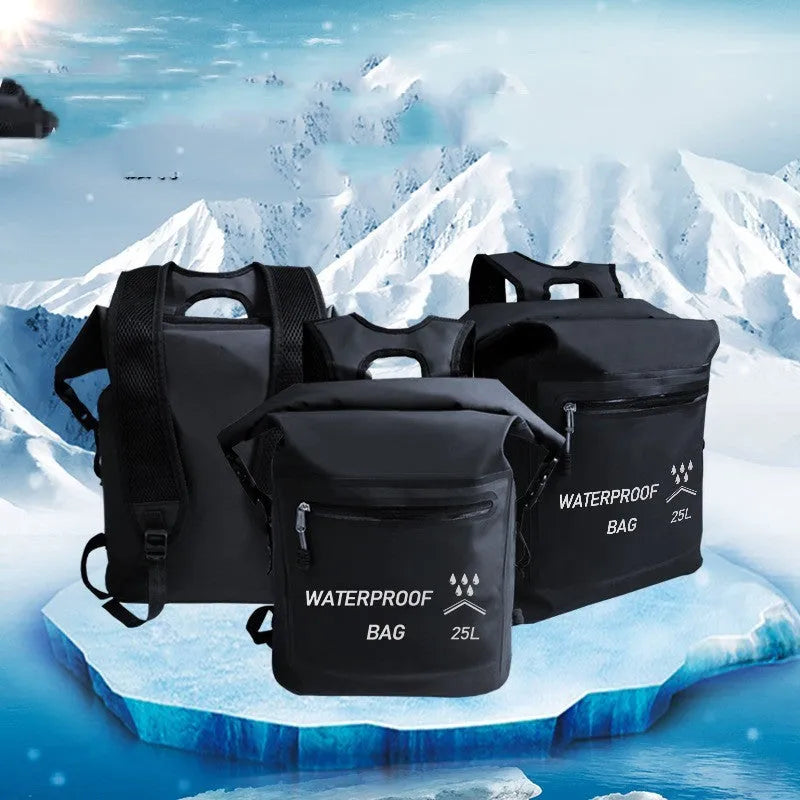 Black 25-litre waterproof backpack with 500D mesh construction for outdoor water sports.