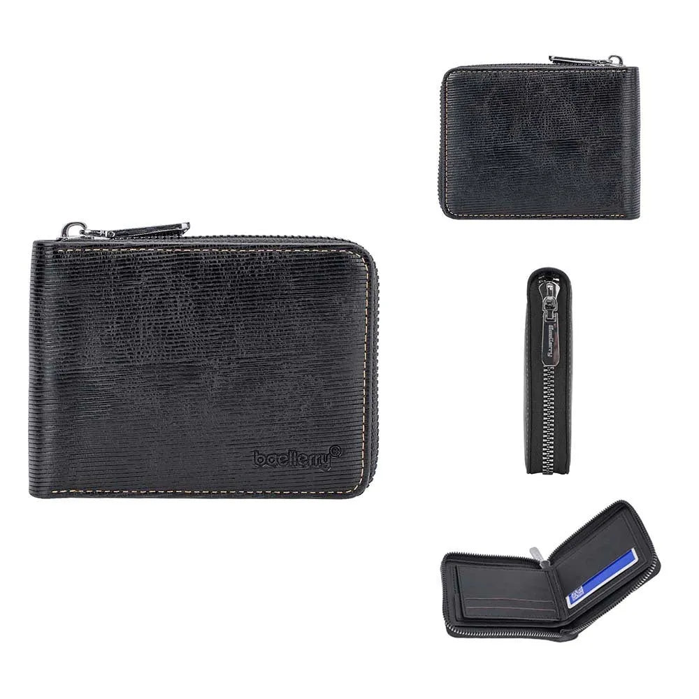Black PU leather anti-theft credit card wallet with zipper closure and embossed design