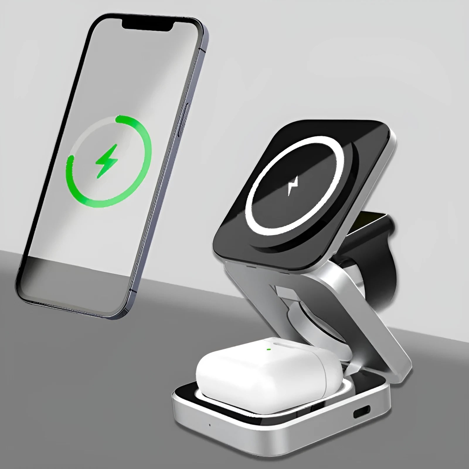 Three-in-one desktop wireless charging bracket with folding design showing Apple, Samsung and Google Pixel charging areas
