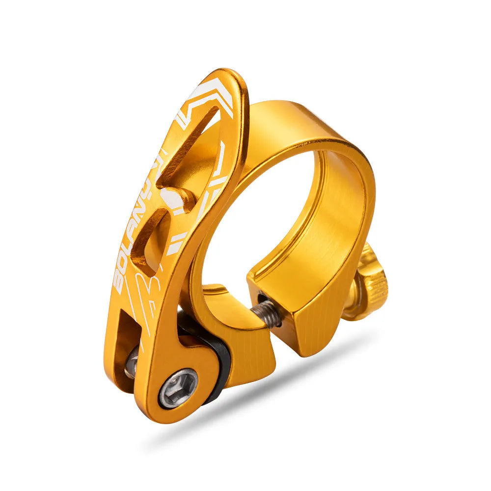Aluminium alloy bicycle seat post clamp in black, blue, gold, or red colour options.