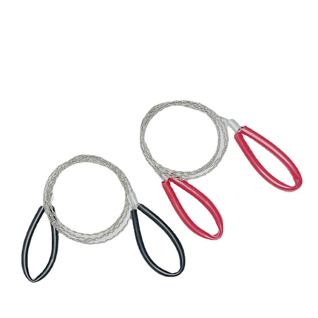 German stainless steel survival wire saw with leather hand case, showing black and red colour options.