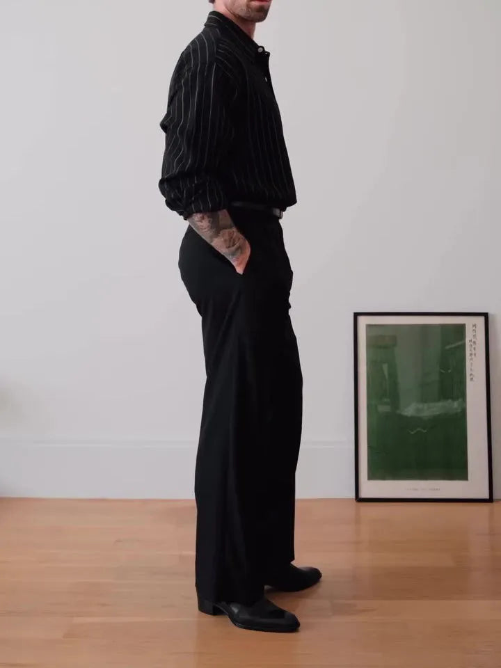 Black pinstriped regular fit button-down long sleeve shirt for men.