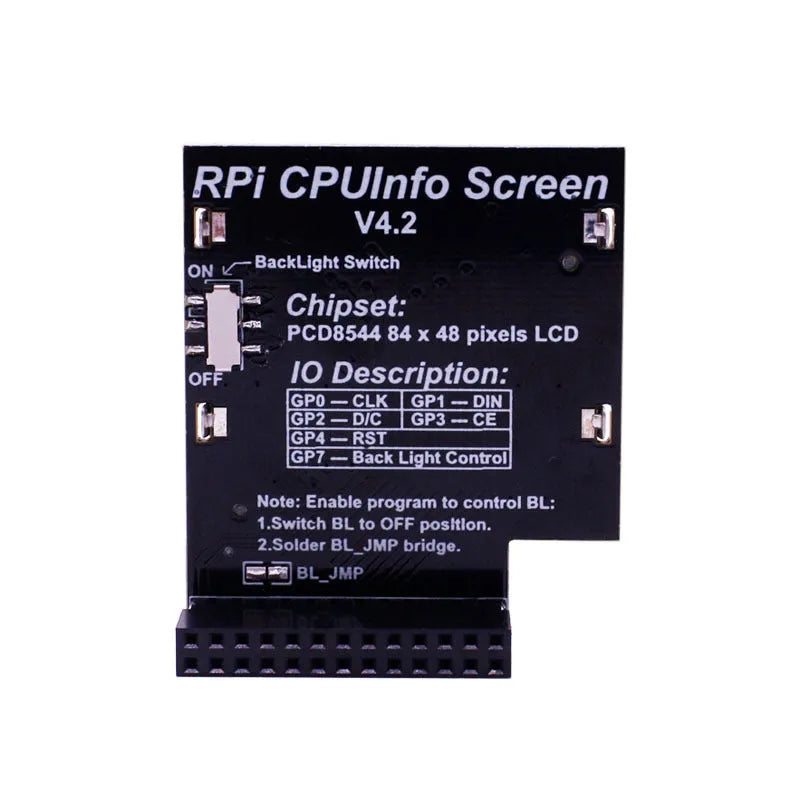 1.6-inch LCD display showing CPU information on colour screen with visible backlight switch for Raspberry Pi