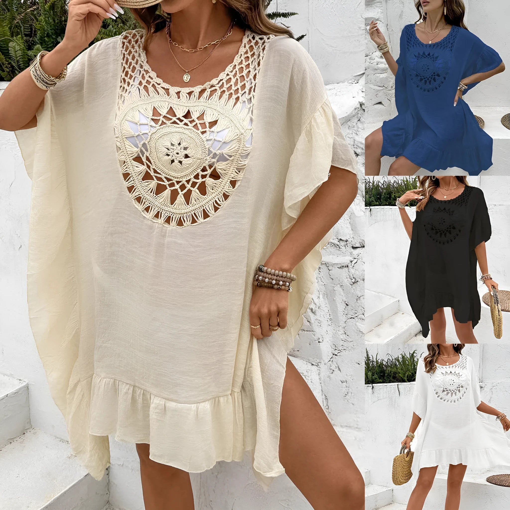 Crochet stitching tassel dress swimsuit in patchwork skirt design with four colour options