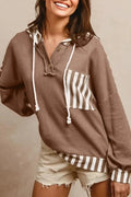 Straw yellow striped patchwork hoodie with waffle texture, button neck, and drawstring hood