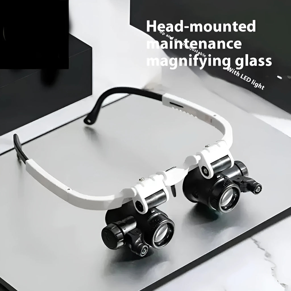 White head mounted magnifying glass with 30x optical glass lens and LED light for repair work