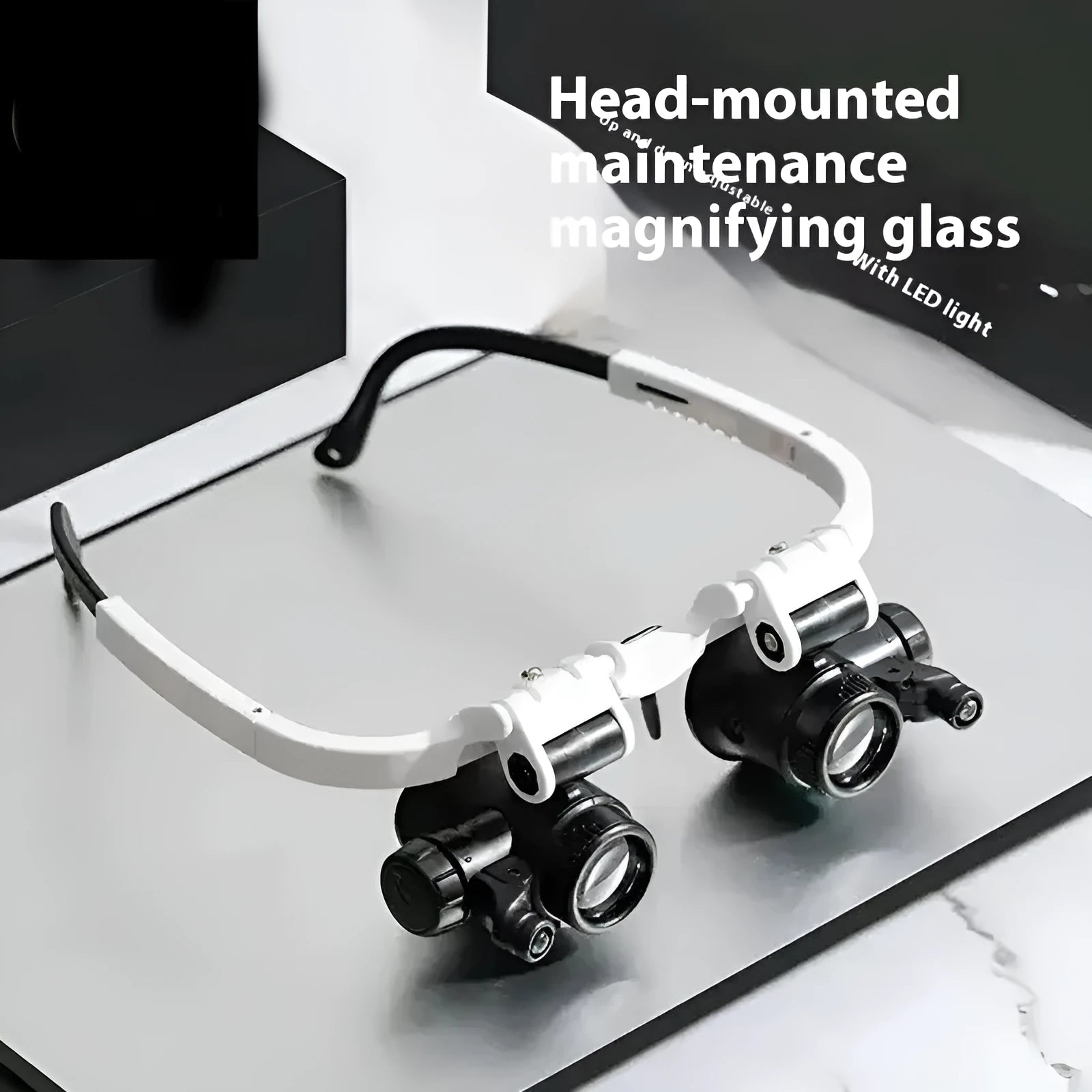 White head mounted magnifying glass with 30x optical glass lens and LED light for repair work