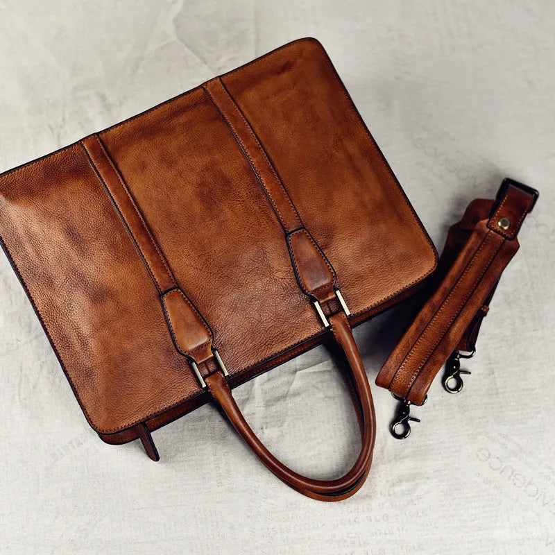 Men's 14-inch horizontal leather handbag in khaki or black with zipper closure