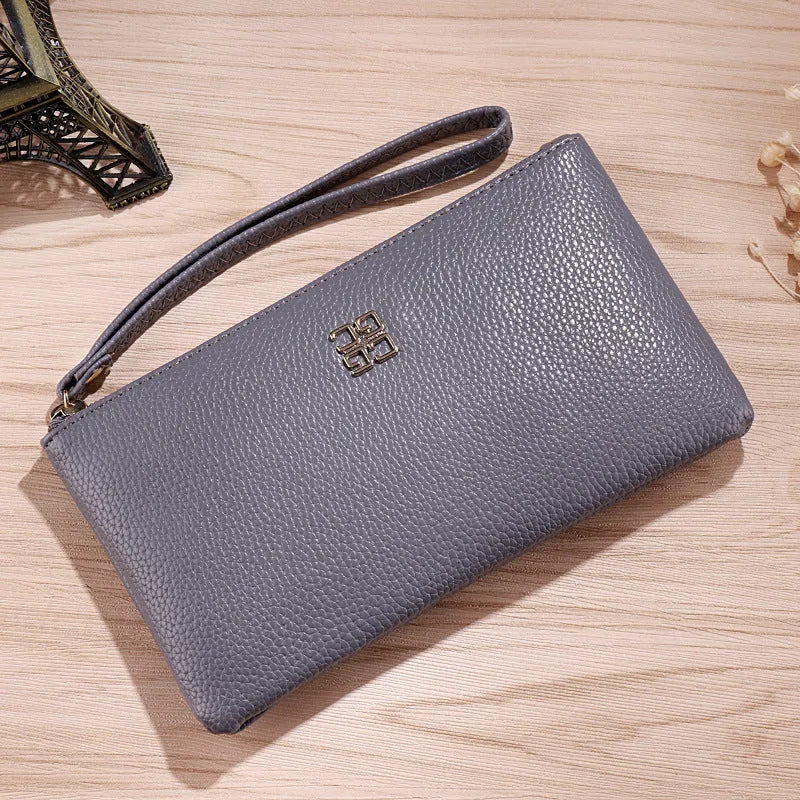 Long 55-inch PU leather phone wallet handbag with zipper, shown in a choice of colours.
