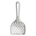 Grey plastic cat litter scoop with a built-in waste-catching base on a white background.