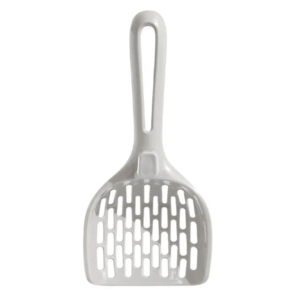 Grey plastic cat litter scoop with a built-in waste-catching base on a white background.