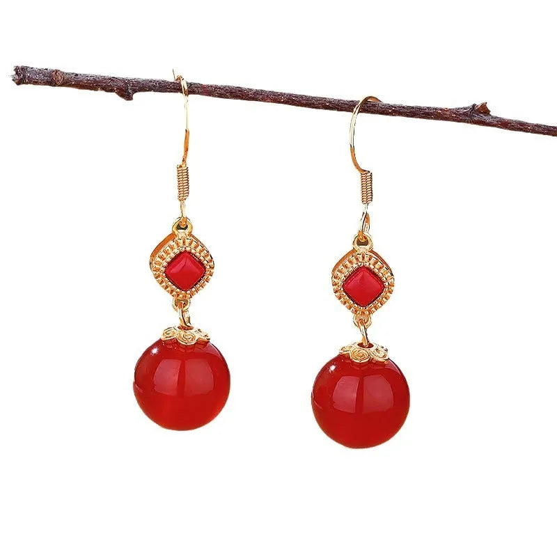Geometric agate earrings with southern red round beads and S925 silver inlaid jasper accents on copper alloy