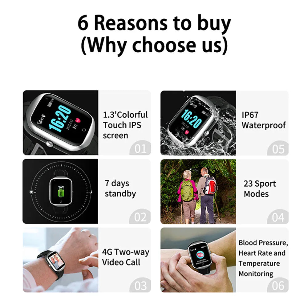 Black intelligent positioning phone watch for the elderly with a square screen and silicone strap.