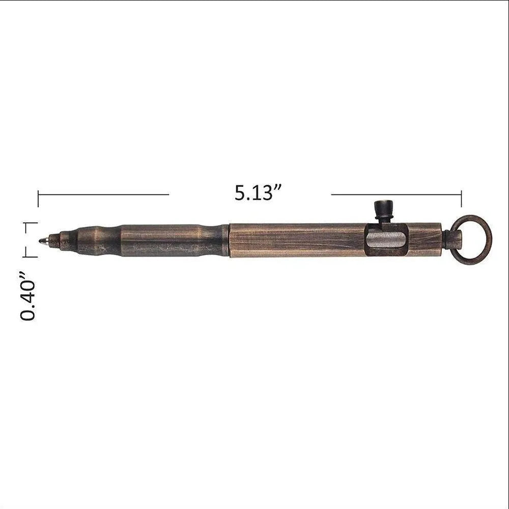 Solid brass tactical pen with hexagonal bolt design on barrel.