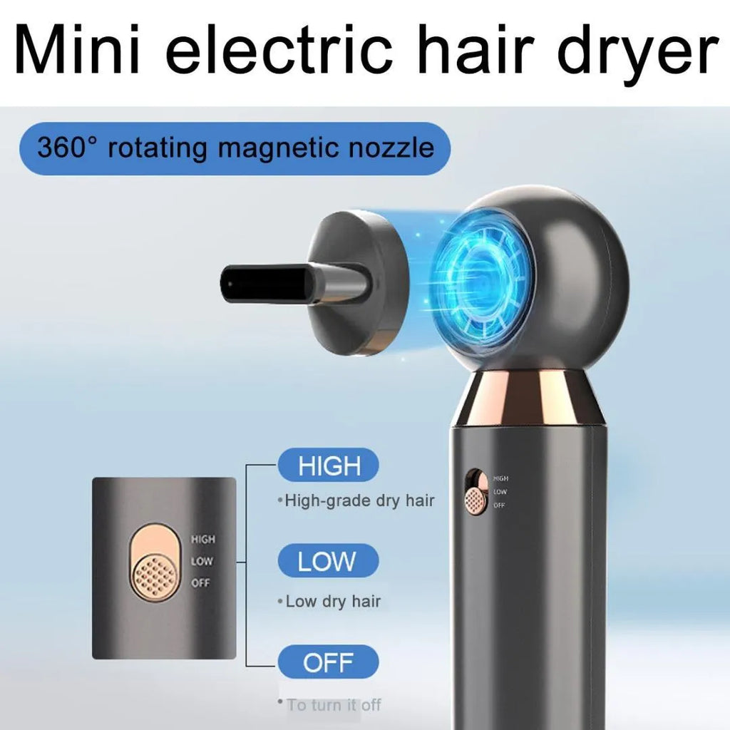Compact leafless hair dryer with diffuser attachment, measuring 20cm