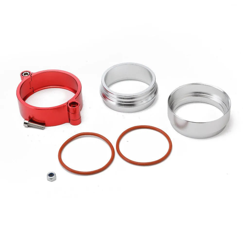 Aluminium exhaust clamp for car modifications in black, blue, or red colours