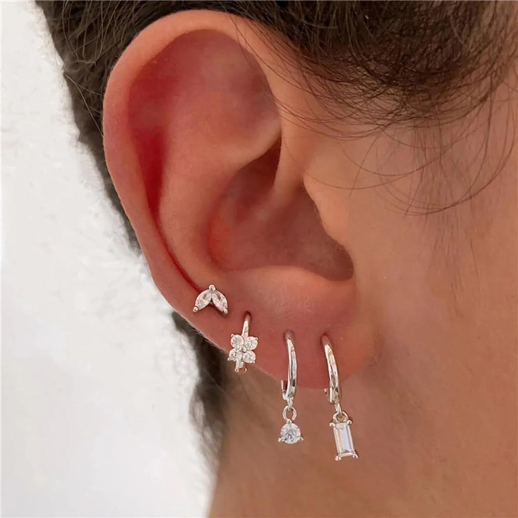 Four geometric copper earrings with zircon stones in gold or silver electroplated finish