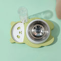 Grey panda-shaped raised pet feeder with tilted food bowl and automatic water bottle