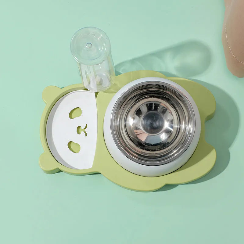 Grey panda-shaped raised pet feeder with tilted food bowl and automatic water bottle