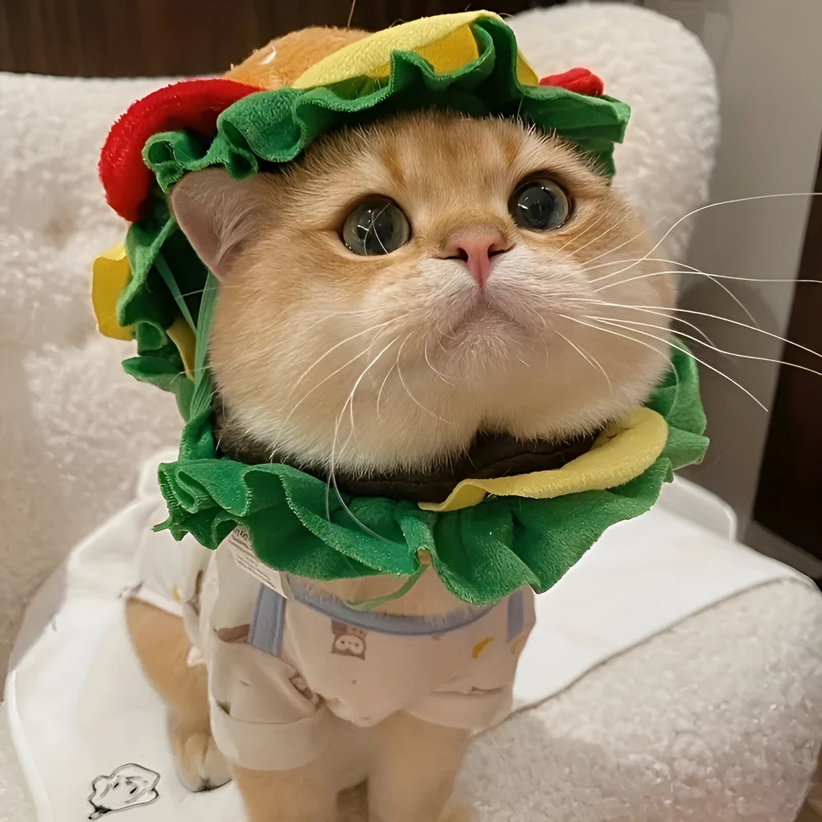 Burger-themed cartoon cat headdress collar with adjustable neck strap in three sizes