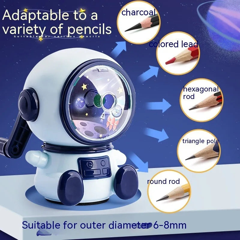 Children's cartoon astronaut themed manual pencil sharpener in blue or pink with adjustable sharpening levels