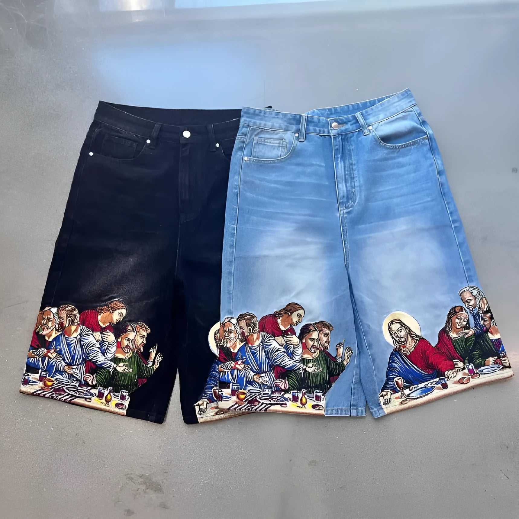 Men's blue cotton shorts with a Jesus print on the back pocket, shown from a rear angle.