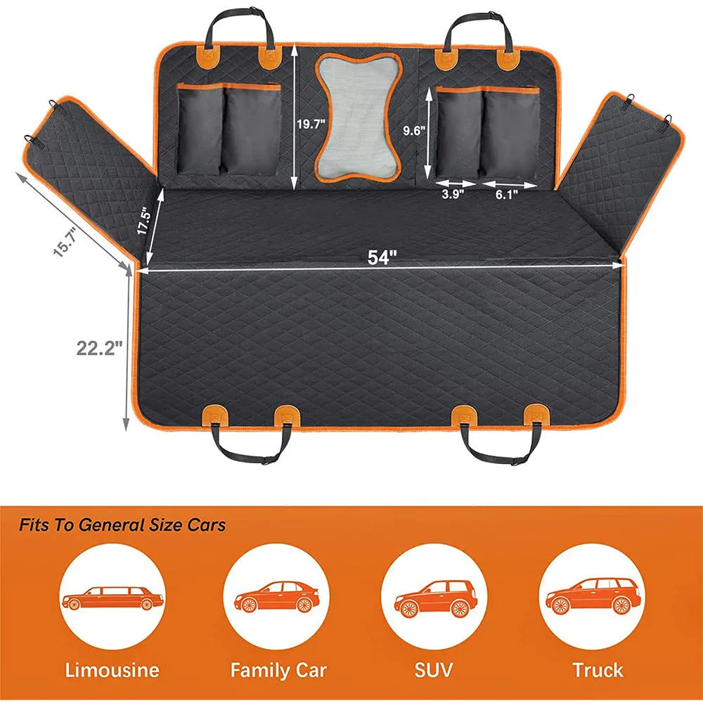 Black waterproof dog car seat cover with orange edging on a car rear seat, showing mesh window.