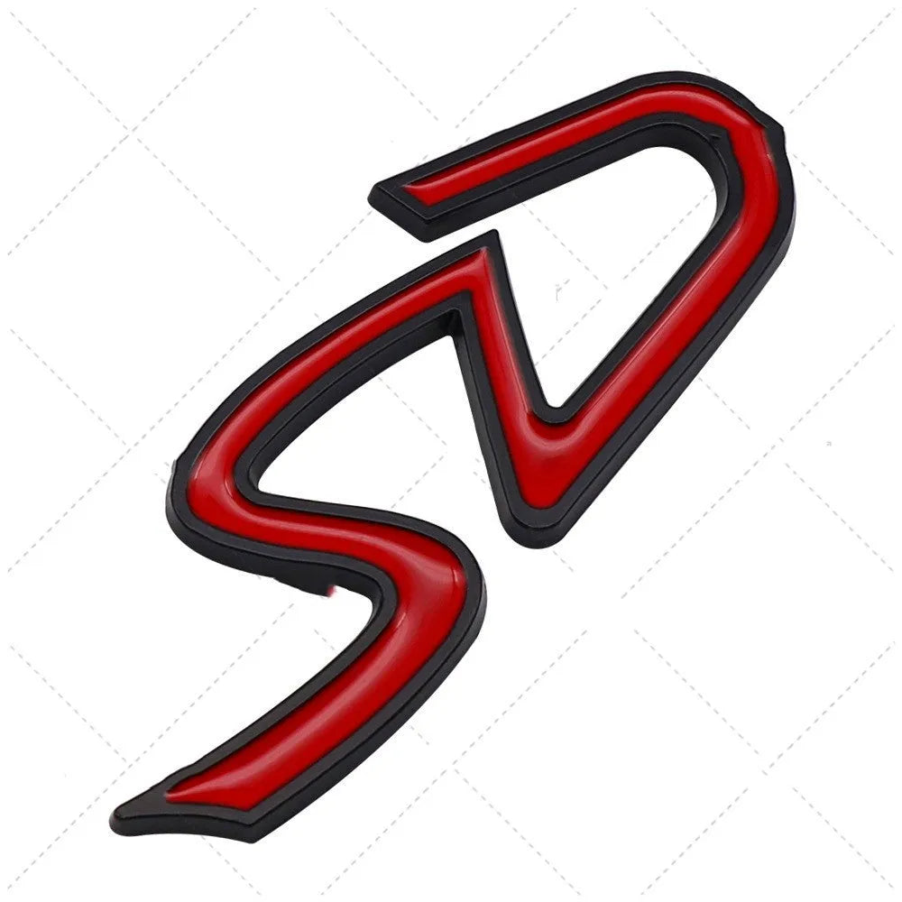 Red and silver metal car sticker with SD design for bumper application.