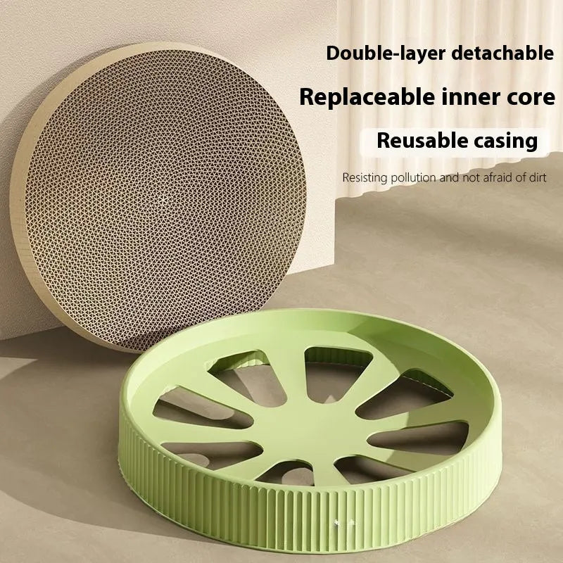 55cm round green cat scratching board with corrugated paper surface and two replacement refill packs