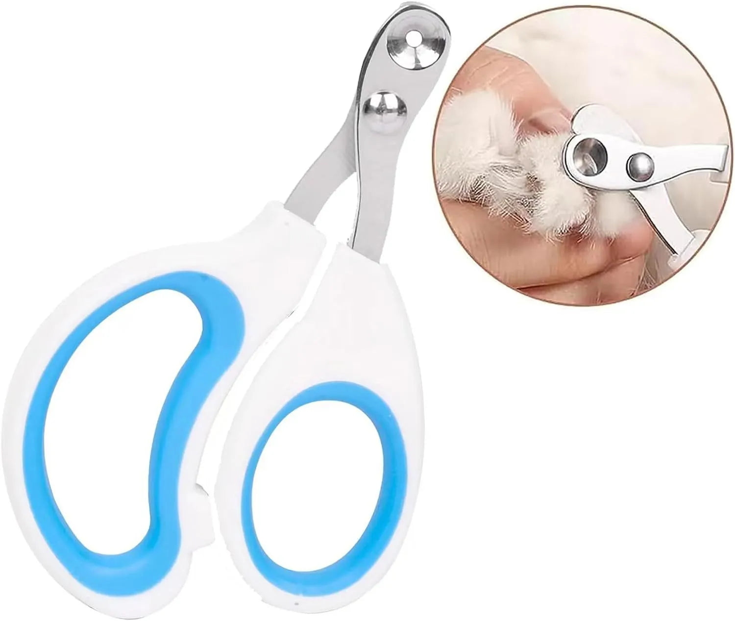 Blue pet nail clippers with circular cutting hole and non-slip handles on a white background.