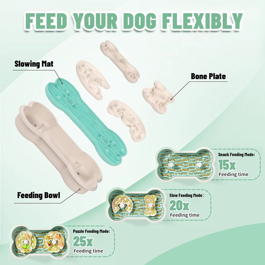 Large green slow feeder dog bowl with puzzle trays and non-slip suction cups for big breed dogs