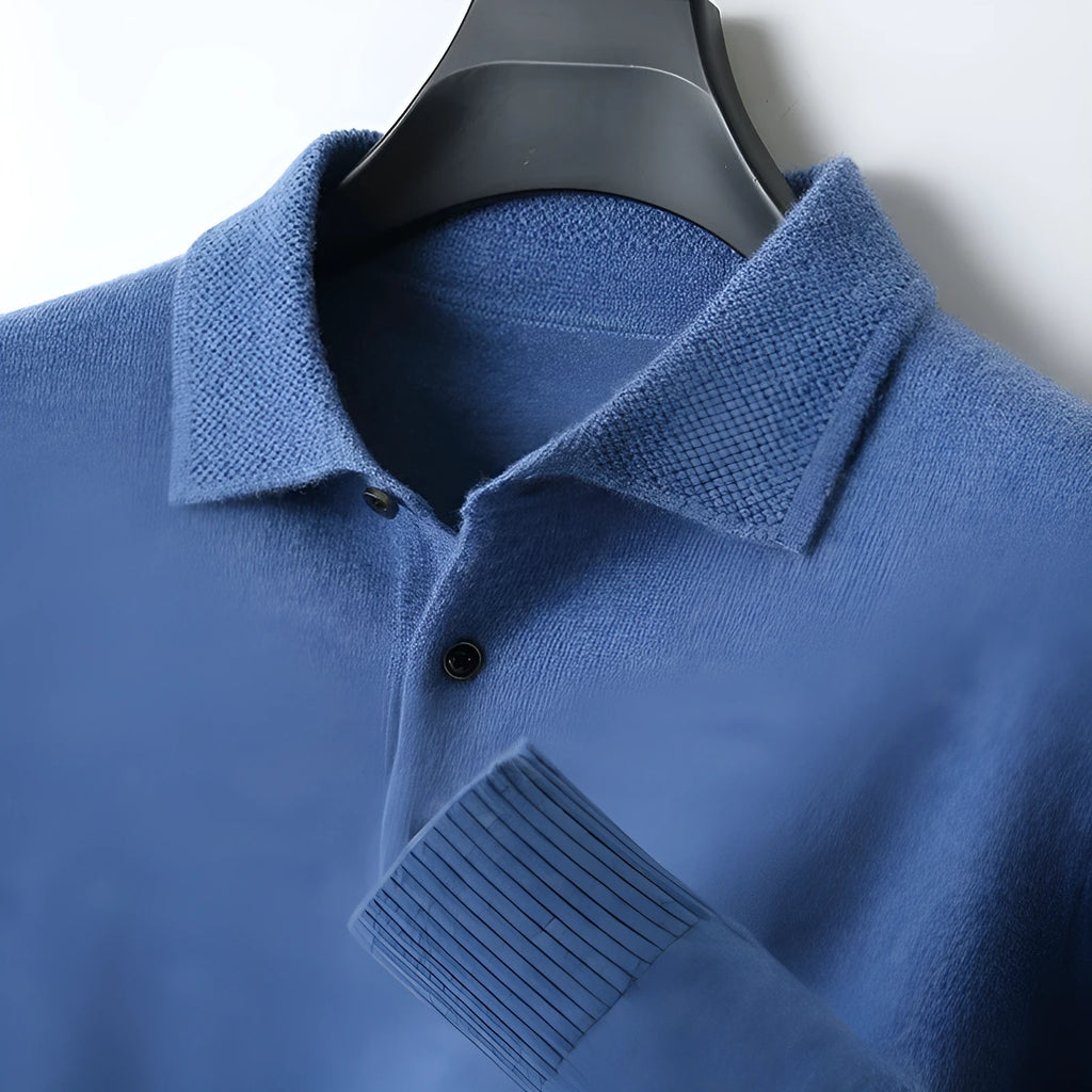 Men's wool sweater with polo collar in collegiate stitch design showing colour options