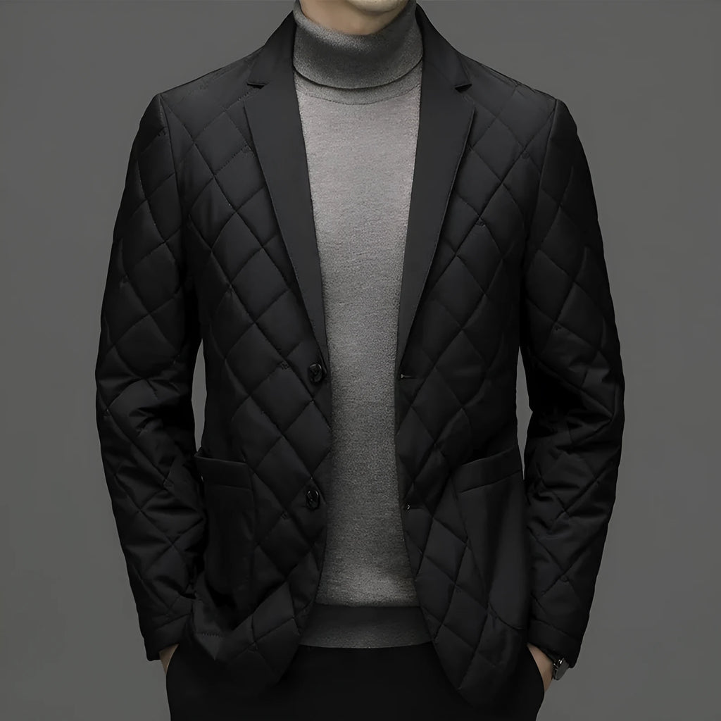 Men's black winter down jacket cardigan with side seam pockets, regular fit