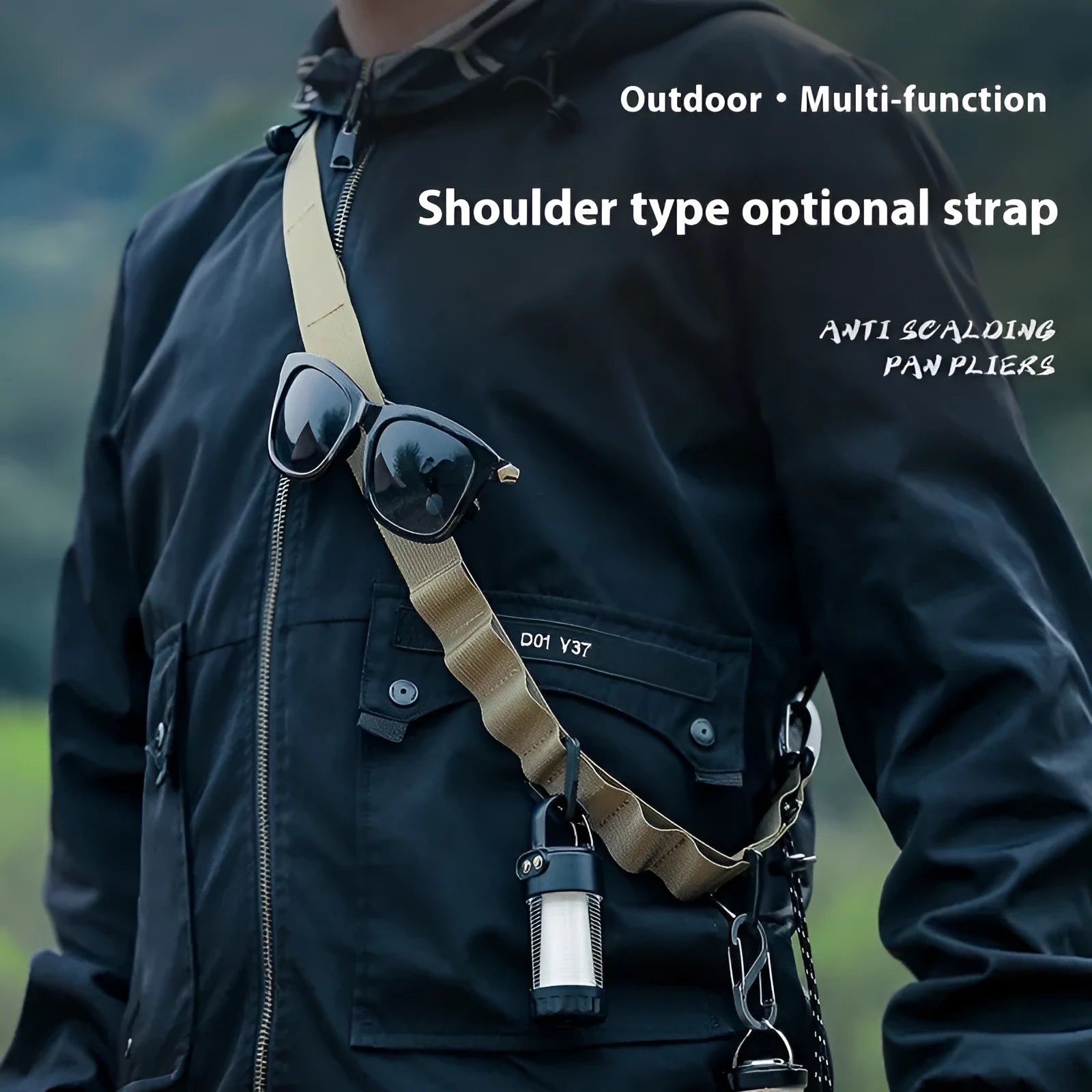 130cm outdoor multifunctional hanging rope clothesline storage belt in black and khaki colours for camping and travel