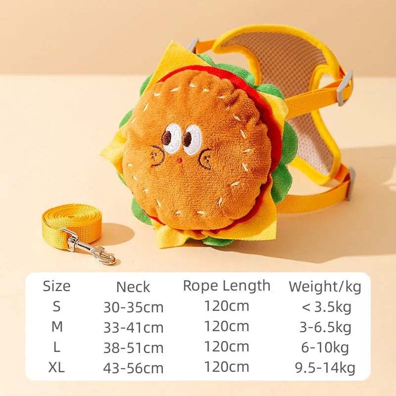 Cartoon hamburger print adjustable vest leash harness for a dog, connected to a walking rope.