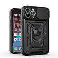 Sergeant sliding window magnetic phone case for iPhone in blue, showing back cover design with integrated bracket.