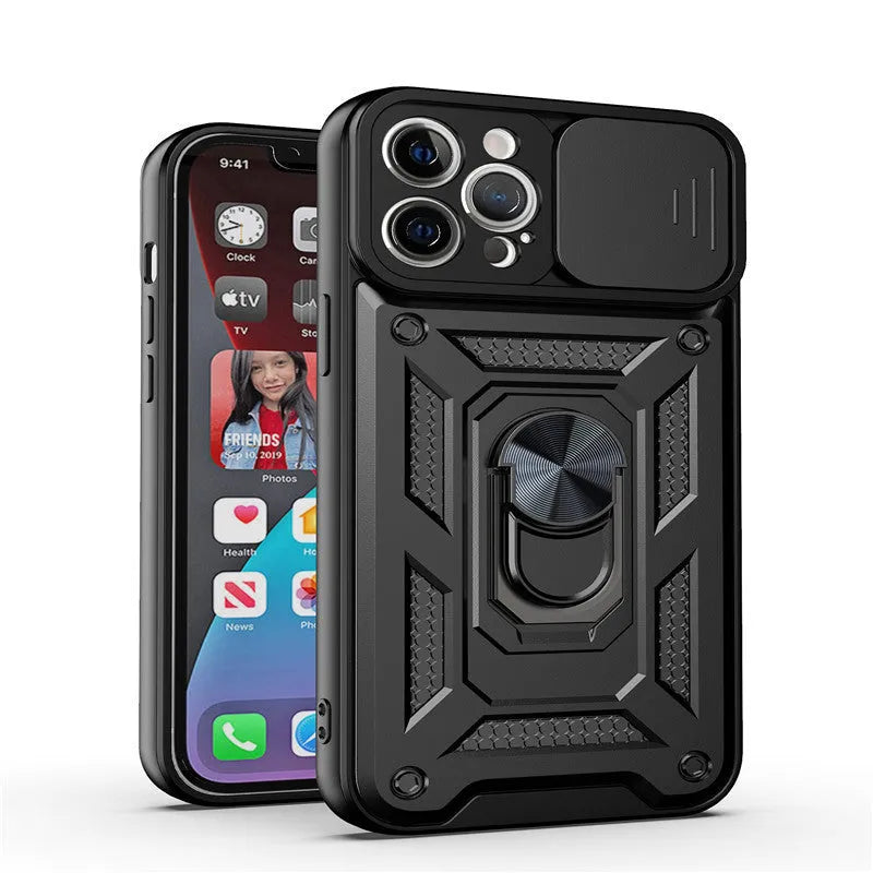Sergeant sliding window magnetic phone case for iPhone in blue, showing back cover design with integrated bracket.