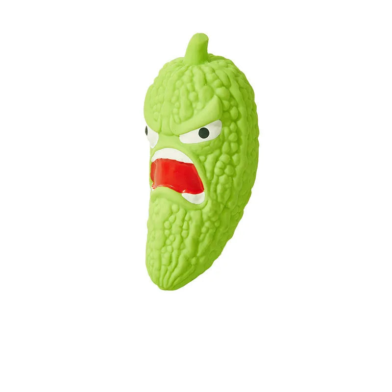 Natural rubber dog chew toy in bitter gourd or chilli shape for grinding teeth.