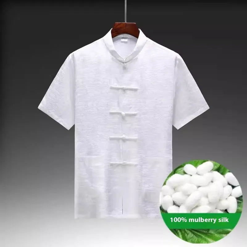 Traditional mulberry silk Chinese Tang suit for men in light green, navy blue, or white colour options