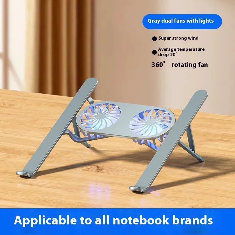 Silver aluminium portable laptop cooling stand with twin fans and adjustable height mechanism
