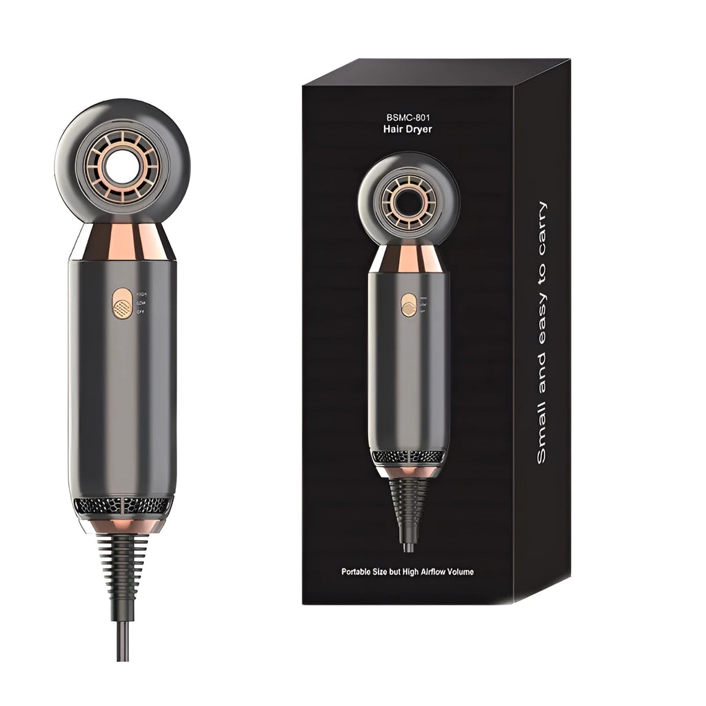 Compact leafless hair dryer with diffuser attachment, measuring 20cm