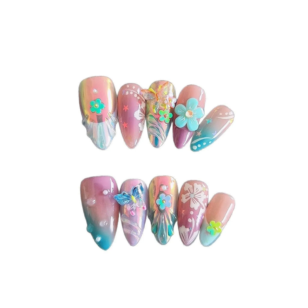 Handmade acrylic press-on nails with colourful 3D embossed flower and butterfly sculptures in almond shape.